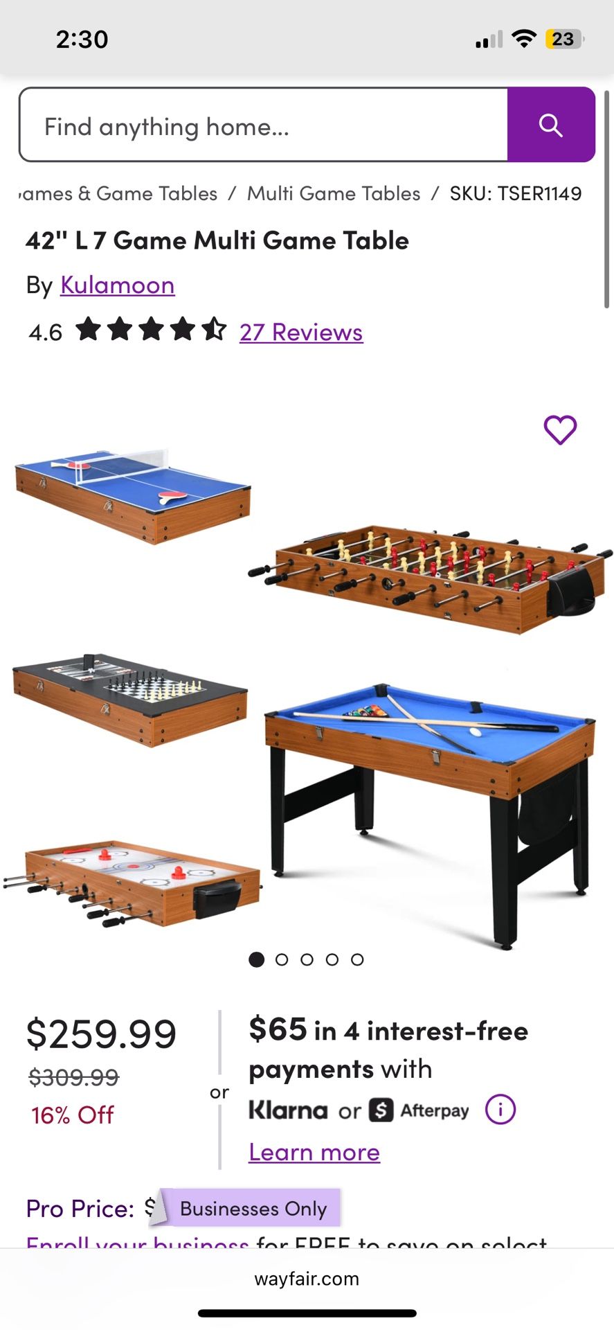42'' L 7 Game Multi Game Table
