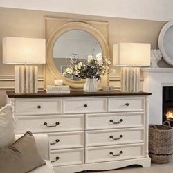 Firm Price ✅New Farmhouse Beige Dresser 9 Drawers – Charging Port on Top – Assembly Required – Firm Price