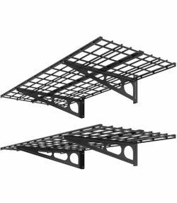 FLEXIMOUNTS 2 Pack 2x4ft Garage Shelving Wall Mounted Storage Rack, Black 24-inch-by-48-inch Wall Shelf for Garage Workshop, Rustproof Seamless Grid D