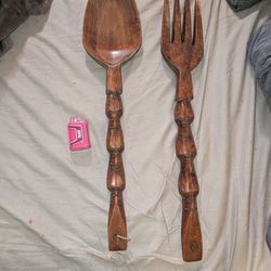 Set Of Giant Hand Carved Spoon And Fork 