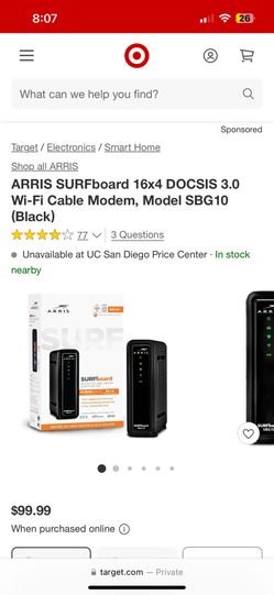 ARRIS SURFboard 16x4 DOCSIS 3.0 Wi-Fi Cable Modem, Model SBG10 (Black)