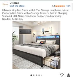 King Size Bed Frame with Storage Drawers, LED Lights & Charging Station – Brand New in Box