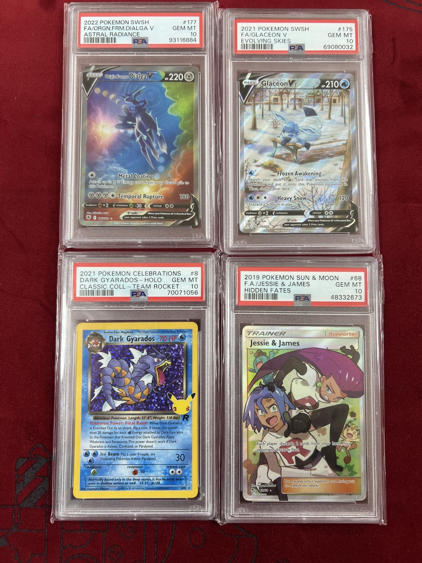 Dialga V, Glaceon V, Gyarados, & Jessie And James PSA 10 Graded Cards 