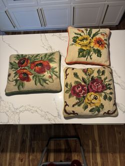 Set Of 3 Vintage Needlepoint Decorative Pillows 