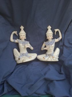 Vintage Thai temple dancer blue, gold and white porcelain figurine statuette
