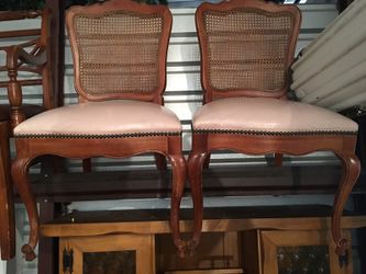 Pair of Pink Leather Cane-Back French Provincial Dining Chairs