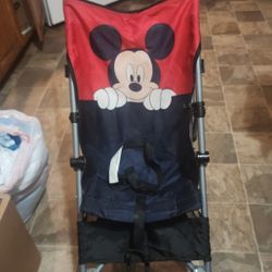 Mickey Mouse Stroller With Basket Folds Up It's An Excellent Condition