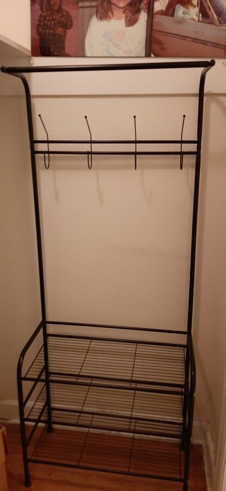 Small Coat/clothing Rack With 4 hooks and 3 Shelves 