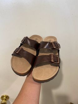 KIDMI flat Sandals Cork Footbed slides double Adjustable Buckles NEW Woman Size : 9 - Men Size : 7.5