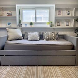 Modern Gray Upholstered Bed Frame with 2 Mattresses – Like New!