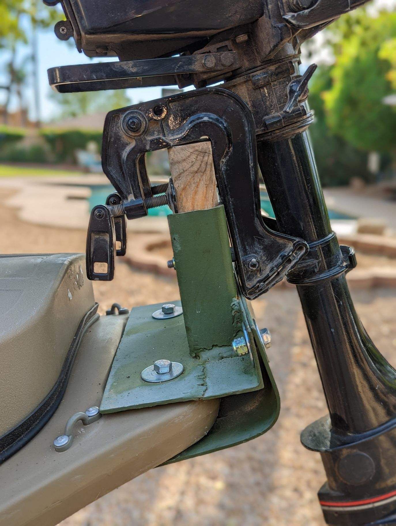 Custom made transom for rear mount outboard motor on Otter / Beavertail Stealth 2000 duck boat