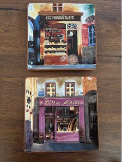 Certified International Plates designed by K.C. Lai, feature colorful scenes of French architectural storefronts