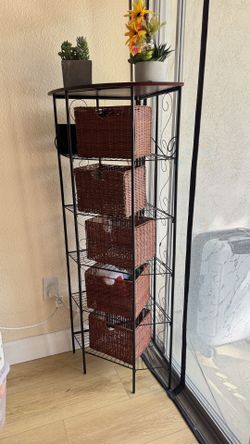 MOVE OUT SALE- Metal Corner Shelf w 5 Rattan Baskets