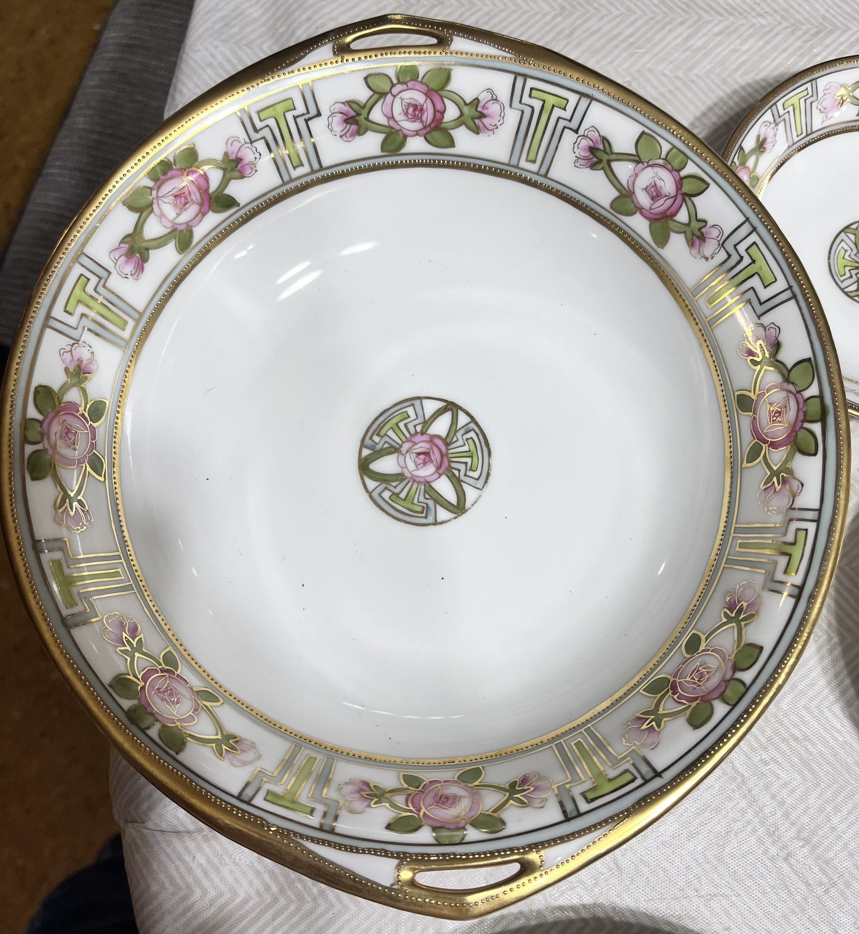 Hand Painted RC Nippon Gold Green Antique China Noritake Plates And Serving Bowl