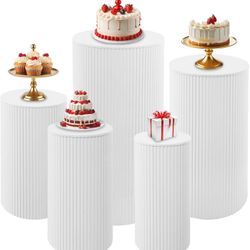 5 Pcs Metal Pleated Cylinder Pedestal Stands for Party, Heavy Duty White Round Cake Pedestal Stand Flower Plant Display Plinth Pillars for Wedding Bir