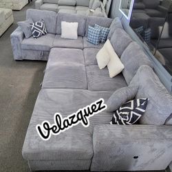 ✅️✅️Dark grey corduroy fabric sectional sofa with storage chaise and love seat and pop up sleep area in center USB charging✅️