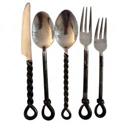Hand Forged Cutlery Set (set of 5) Silver-tone Twisted Handles Antique