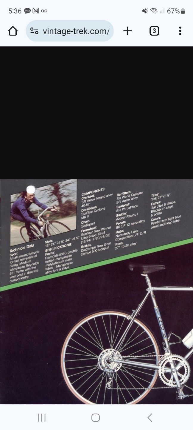 Vintage Trek Road Bicycle With Original Parts And Gear.