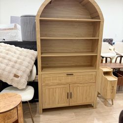 73" H Large Arched Bookshelf，5-Tier Arch Bookcase with Doors，Mid Century Modern Book Shelf with Drawers，Wood Bookshelf w/Open Display Shelves for Livi