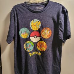 Blue speckled men's Pokémon Pikachu, Charmander, Bulbasaur, Squirtle, and a Poké Ball Size Large