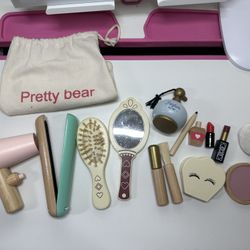 Pretty Bear 13-Pc Wooden Beauty Makeup Set – Kids Pretend Play Salon Kit (Pink)