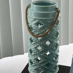 17” Tall LANTERN Light blue lantern w/decorative cut outs,rope handle