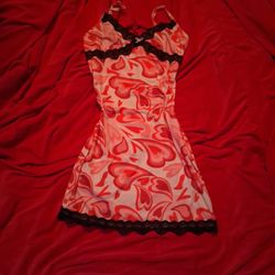 Pink And Red Heart Design Babydoll Dress With Black Lace Trim And White Bow