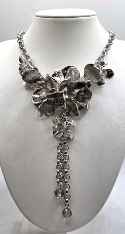 Silver Floral Statement Necklace with Chain Tassel