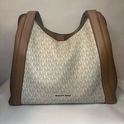 MICHAEL KORS WOMENS WHITE W BROWN LEATHER  TOTE SHOULDER BAG