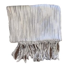 White Ivory Black Striped Rectangle Shawl Hijab Scarf Wrap Table Runner Fringe
