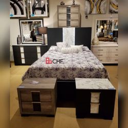 4 Pc Queen Or King Size Bedroom Set  ( Bed Frame ,Dresser ,Mirror One Nightstand Only )