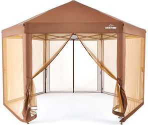 🍀 BRAND NEW SUNTIME Outdoor Patio Hexagon Gazebo, Pop Up Instant Canopy, Garden Backyard Party Tent with Sidewalls(6.6' x 9.2'), Coffee Brown