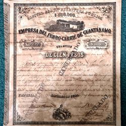 Una Accion De 100 Pesos-empresa Del Ferrocarril De Guantanamo-1859