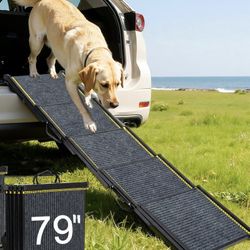 Dog Ramp for Car with Telescoping Design, 79" x 17" Pet ramp for Truck/SUV Non-Slip Rug Surface, Foldable & Portable for Storage, Easy to C