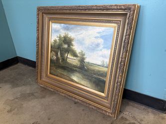 Cottage Landscape Oil Painting Print on Canvas in Leafing Vine Gilt-Wood Frame