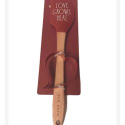 Rae Dunn Valentines Red Love Grows Here Silicone Spatula and Cookie Cutter NEW