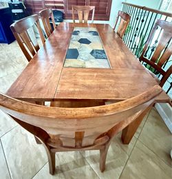 Wood Dining Table with Slate Tile Inlay and 6 Chairs