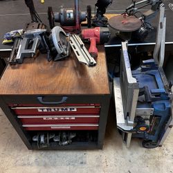 Tools! Drill press, Skilsaw, Tool Box, Table Saw, Nail Guns, Chain Sharpener