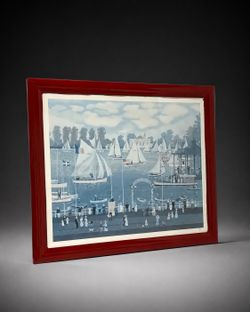 Michel Delacroix France, dated 1991 Framed Sailboat Harbor Wall Art