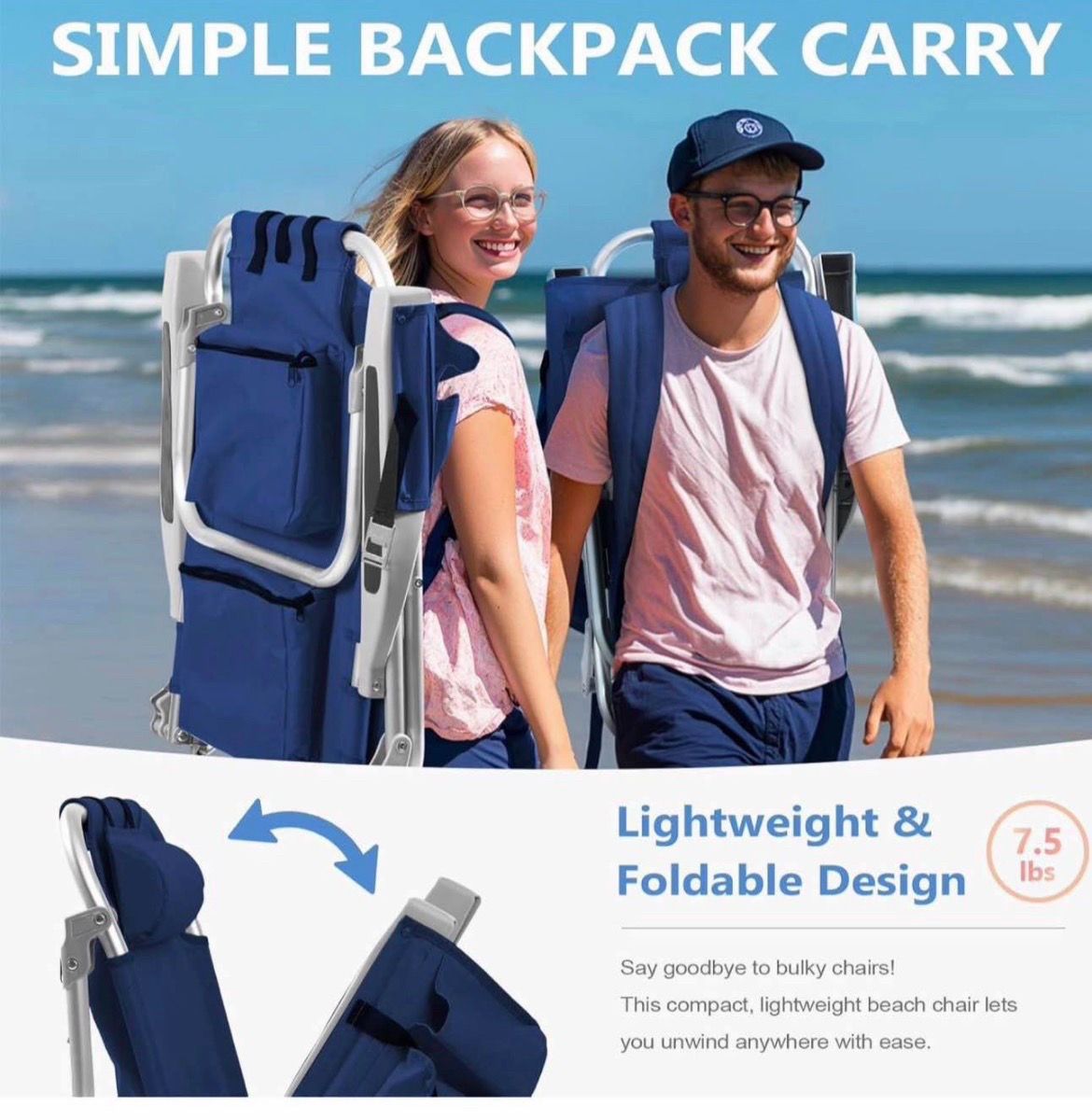 Set of 2 Backpack Beach Chair for Adults Portable, Lay Flat Reclining Beach Chair with 5 Positions,