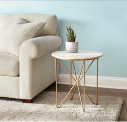 Round Accent Table With Gold Finish Wire Base And Natural Marble Top