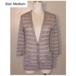 Grey & Cream Striped Cardigan Sweater !