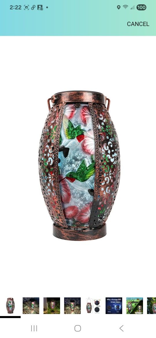 Hummingbird Solar Lanterns Glass & Metal Hanging Lantern Outdoor Waterproof 16" H Tabletop Light with Hollowed-Out Design for Garden Patio Table Decor