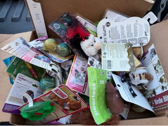 A bunch of cat toys and collars