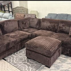 4-pc Sectional Sofa With Ottoman Coffee Color Fur-like Jumbo Corduroy 