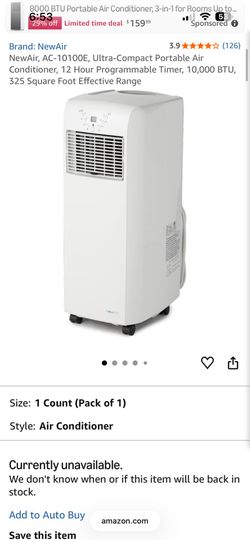 NewAir, AC-10100E, Ultra-Compact Portable Air Conditioner, 12 Hour Programmable Timer, 10,000 BTU, 325 Square Foot Effective Range