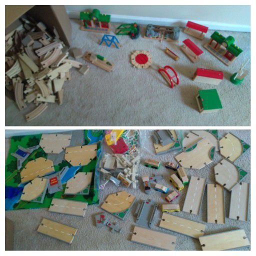 Wooden train tracks, cars, bridges, buildings - BRIO, Learning Curve - over 300 pieces
