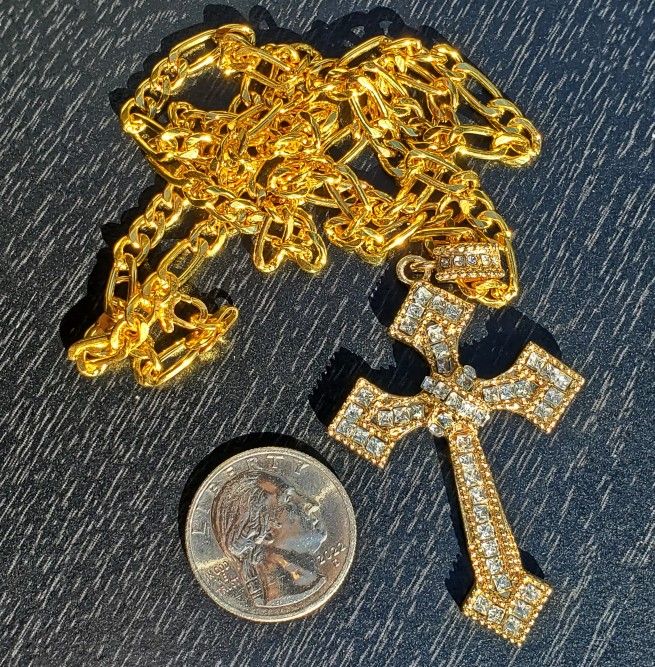 Iced Gold Cross Pendant 24 Inch Figaro Chain Necklace 5MM