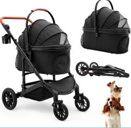 Black Foldable Pet Stroller with Detachable Carrier