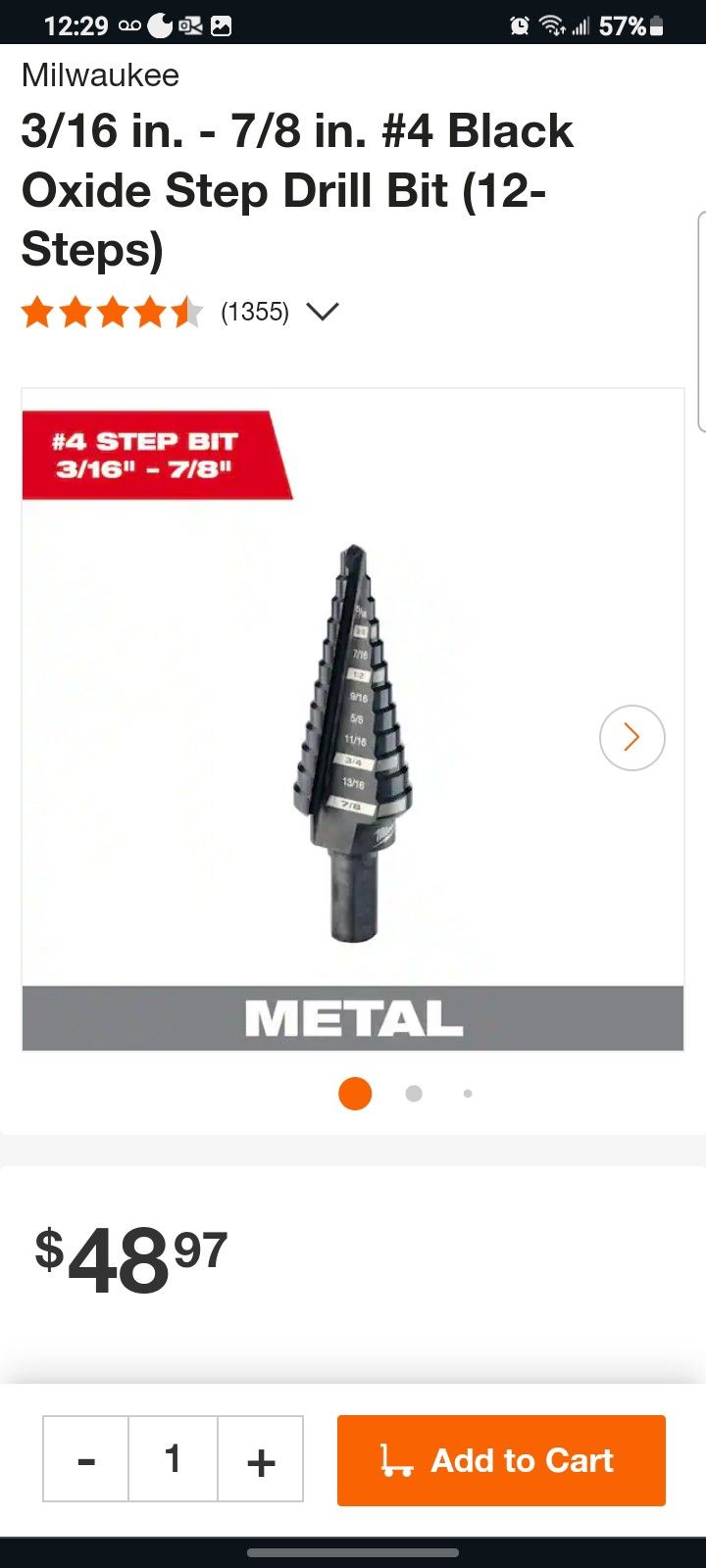 Milwaukee
3/16 in. - 7/8 in. #4 Black Oxide Step Drill Bit (12-Steps)